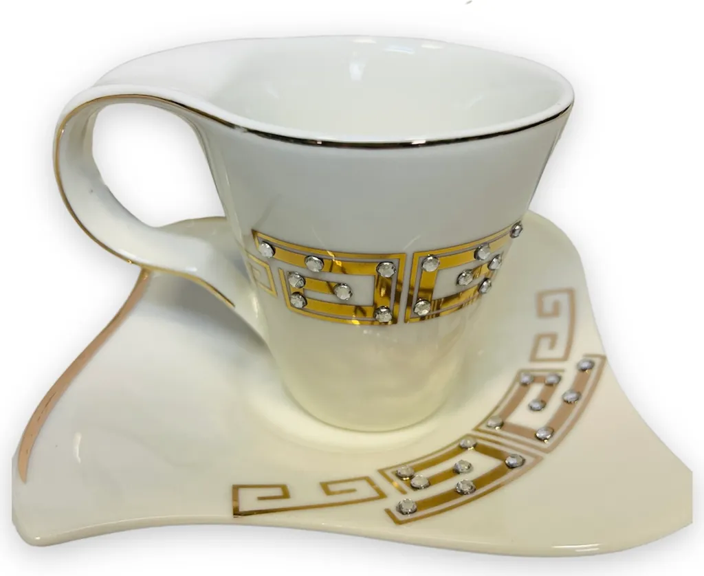 12-teiliges Medusa Mäander Kaffeeservice Mit Goldschliff Kaffeetassen Für 6 Personen 6 Tassen + 6 Untertassen Weiß-Gold Genießen Servieren Kaffee – Bild 2