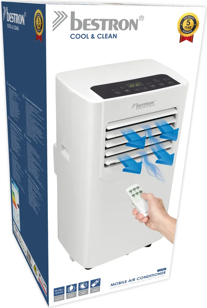 Bestron Mobile Klimaanlage, Klimagerät Für Räume Bis 24m², Kühlleistung 1,4 KW Mit Umweltfreundlichem Kühlmittel, 5.000BTU/h, Farbe: Weiß – Bild 4
