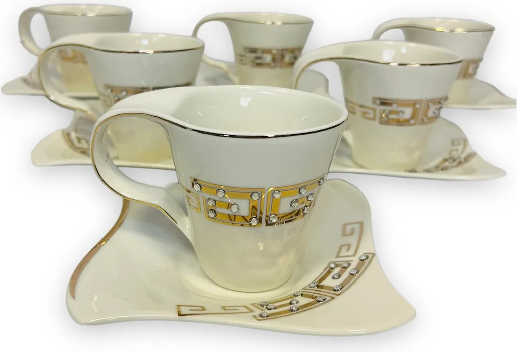 12-teiliges Medusa Mäander Kaffeeservice Mit Goldschliff Kaffeetassen Für 6 Personen 6 Tassen + 6 Untertassen Weiß-Gold Genießen Servieren Kaffee