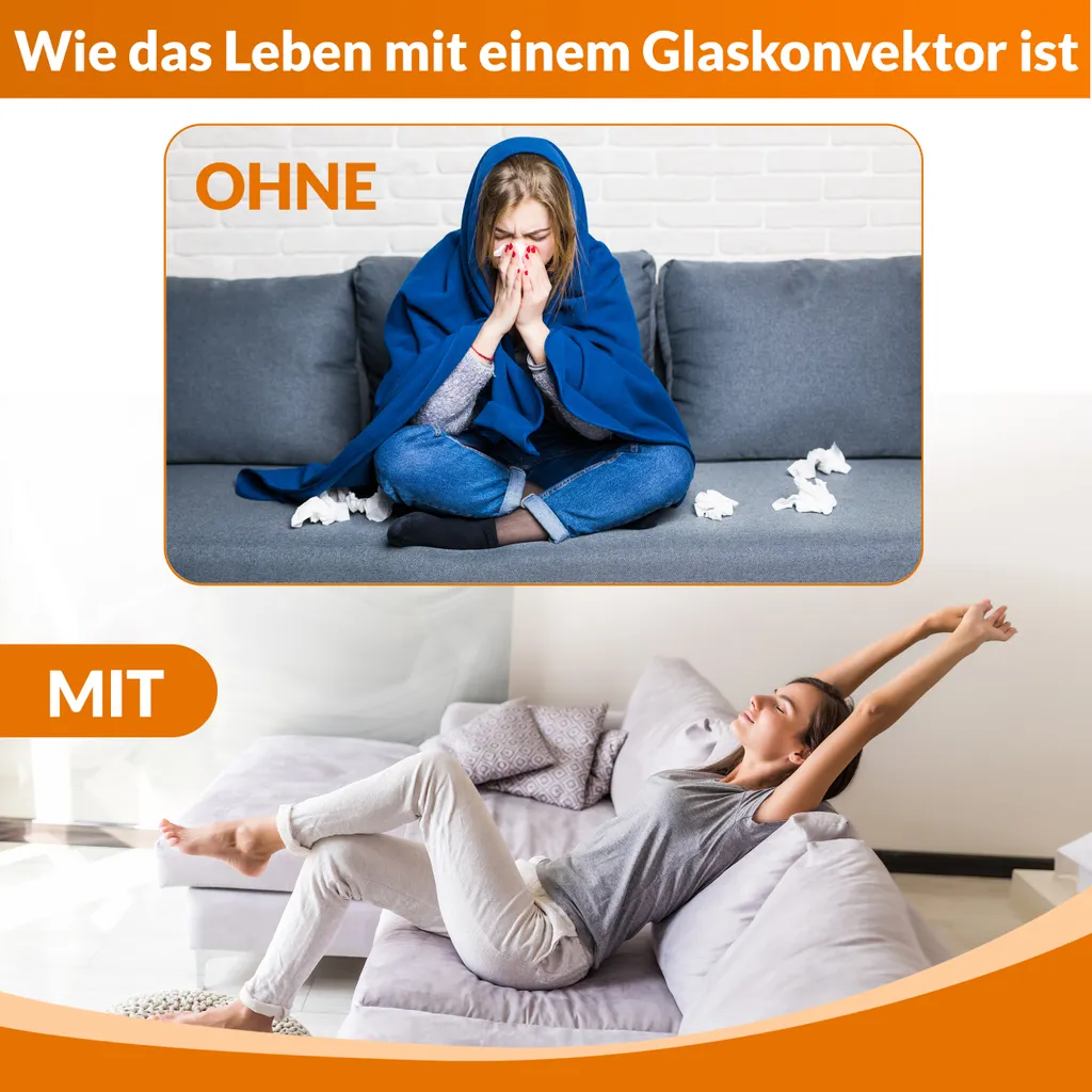 Glaskonvektor Elektroheizung Konvektor-Heizung 24h-Timer LCD-Display Touchscreen Fernbedienung - Mobile Energiesparende Leise Heizung Standgerät Heizkörper Thermostat (Schwarz 2000W) – Bild 5