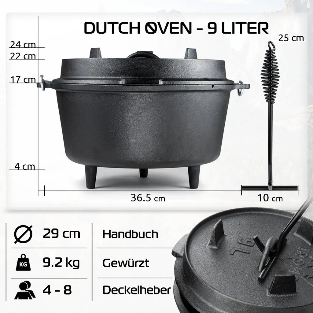Dutch Oven 9L IRONO - Guseissen Topf - Dutch Oven Set - Feuertopf - 9 Liter - Mit Pfannendeckel, Transport- Und Schutztasche, Deckelheber Und Gebrauchsanweisung – Bild 2
