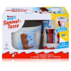 Ferrero Kinder Sammel-Tasse Blau "She Said Yes!" & 10 Kinder Riegel