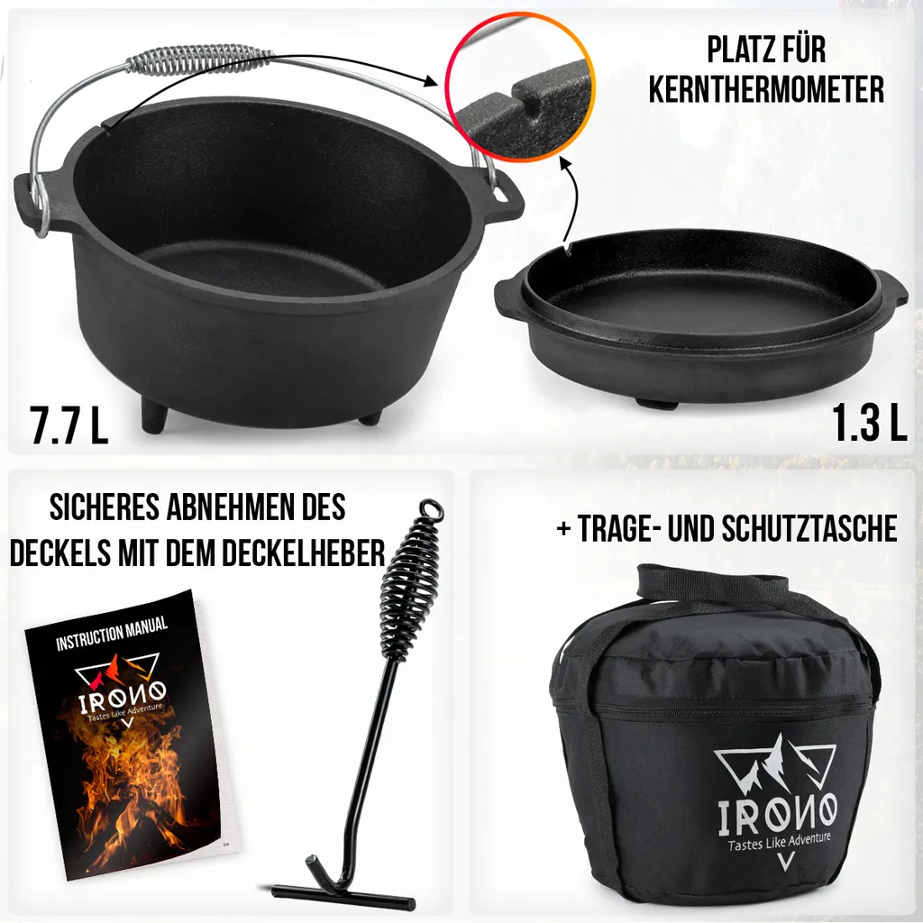Dutch Oven 9L IRONO - Guseissen Topf - Dutch Oven Set - Feuertopf - 9 Liter - Mit Pfannendeckel, Transport- Und Schutztasche, Deckelheber Und Gebrauchsanweisung – Bild 3