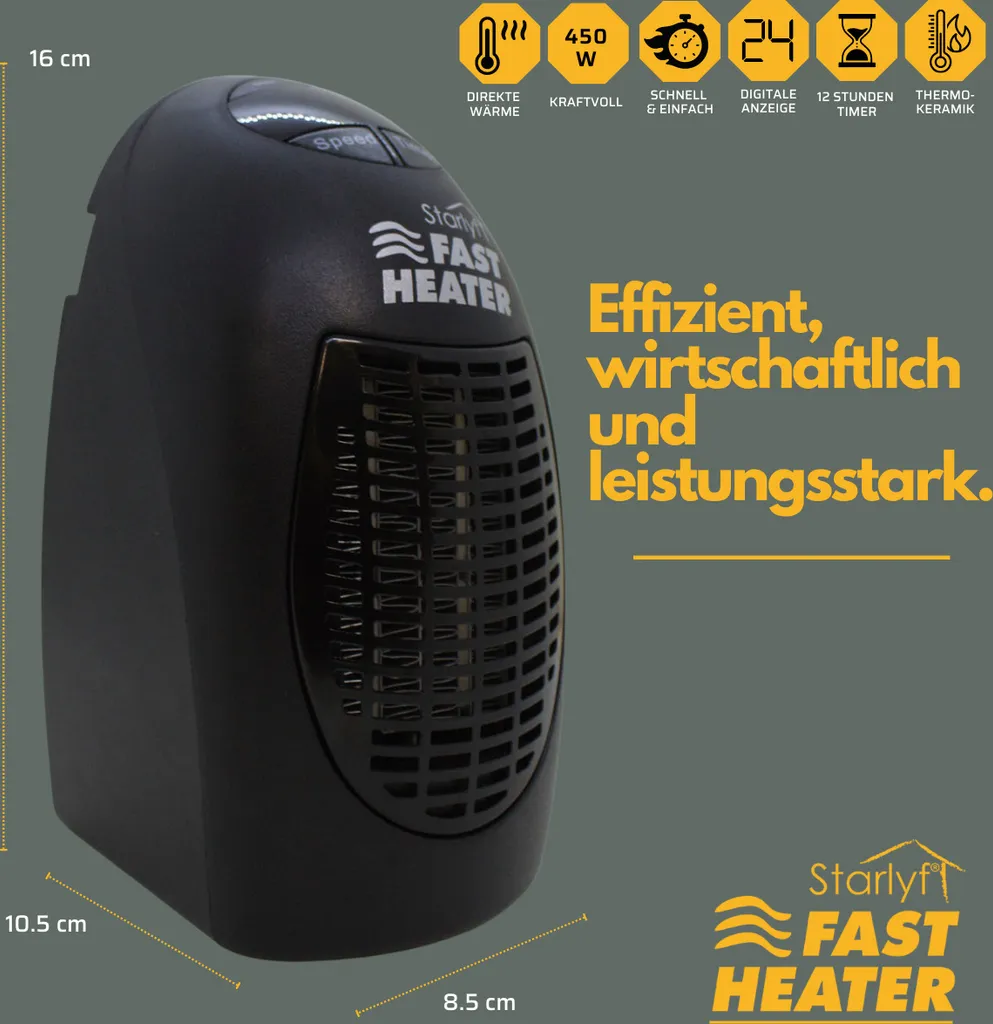 Starlyf® Fast Heater - 400W Tragbare Und Leistungsstarke Steckdosen-Mini-Heizung Schwarz - Original Aus Der TV-Werbung – Bild 3