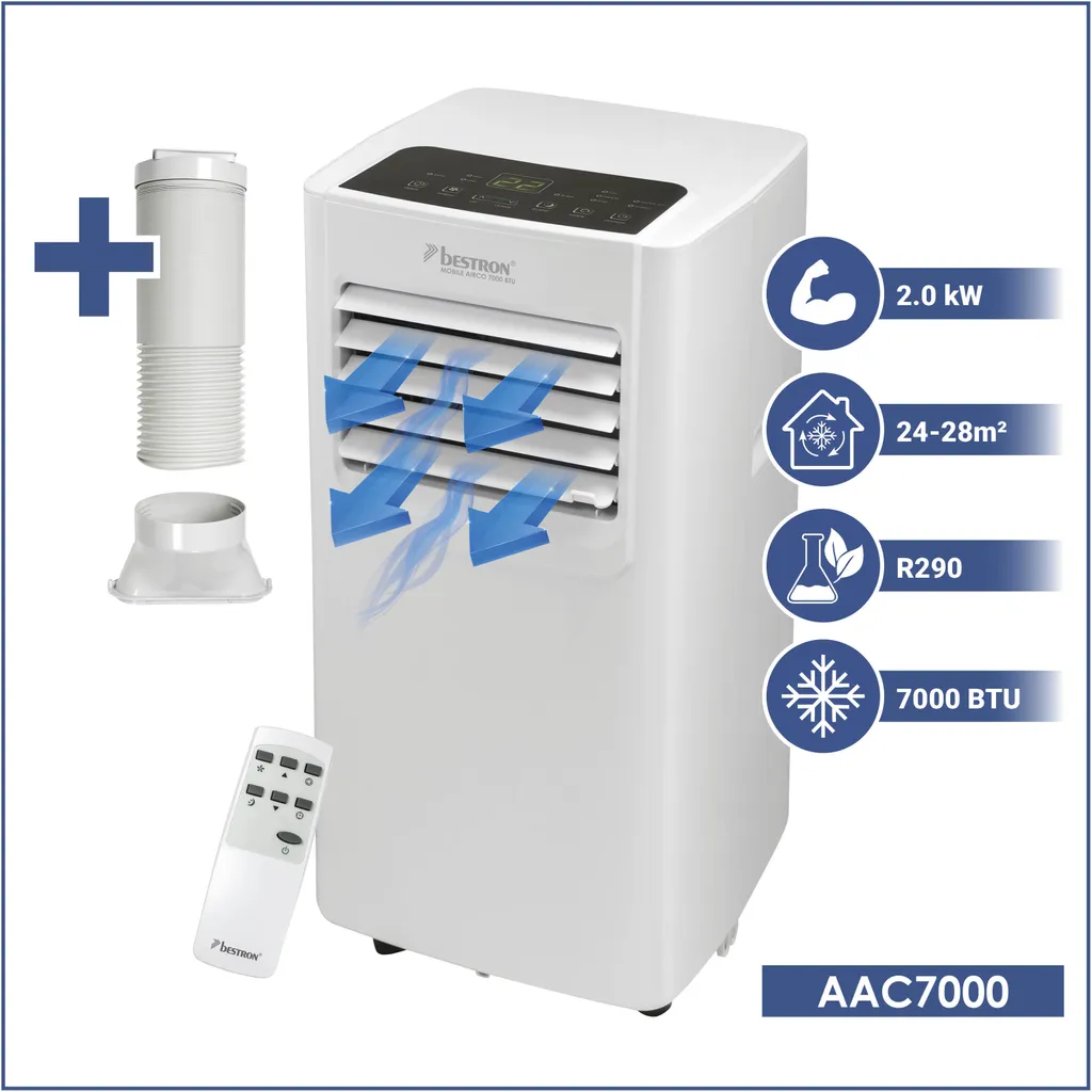 Bestron Mobile Klimaanlage, Klimagerät Für Räume Bis 28m², Kühlleistung 2,1 KW Mit Umweltfreundlichem Kühlmittel, 7.000BTU/h, Farbe: Weiß – Bild 2