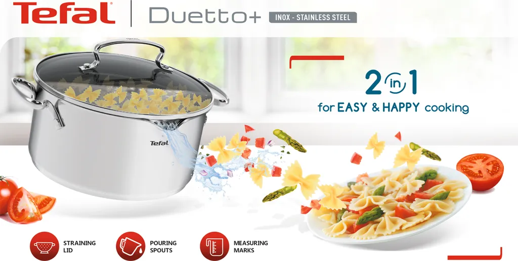 TEFAL DUETTO+ 7-Teiliges Topf-Set: Stielkasserole 16 Cm, Kochtopf 16/20/24 + Deckel; Hochwertiger Rostfreier Edelstahl; Glasdeckel Mit Abgießfunktion; Induktionsgeeignet; G719S7 – Bild 2