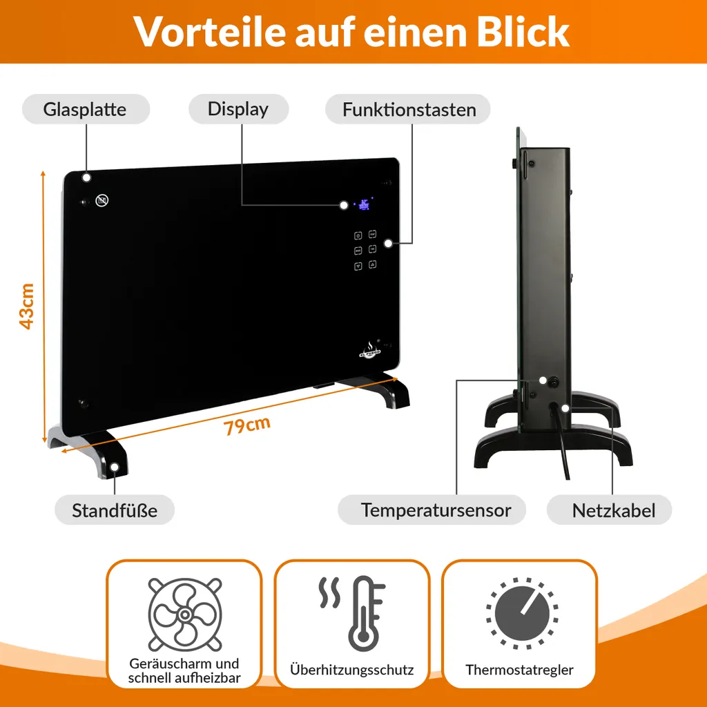 Glaskonvektor Elektroheizung Konvektor-Heizung 24h-Timer LCD-Display Touchscreen Fernbedienung - Mobile Energiesparende Leise Heizung Standgerät Heizkörper Thermostat (Schwarz 2000W) – Bild 4