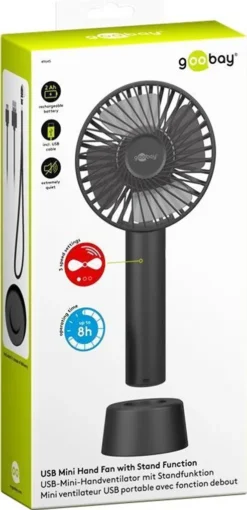 Goobay Tragbarer Handventilator Mit Standfuß - Geräuschlos, Wiederaufladbar - Mit Akku (2000mAh) Und Ladekabel, Schwarz