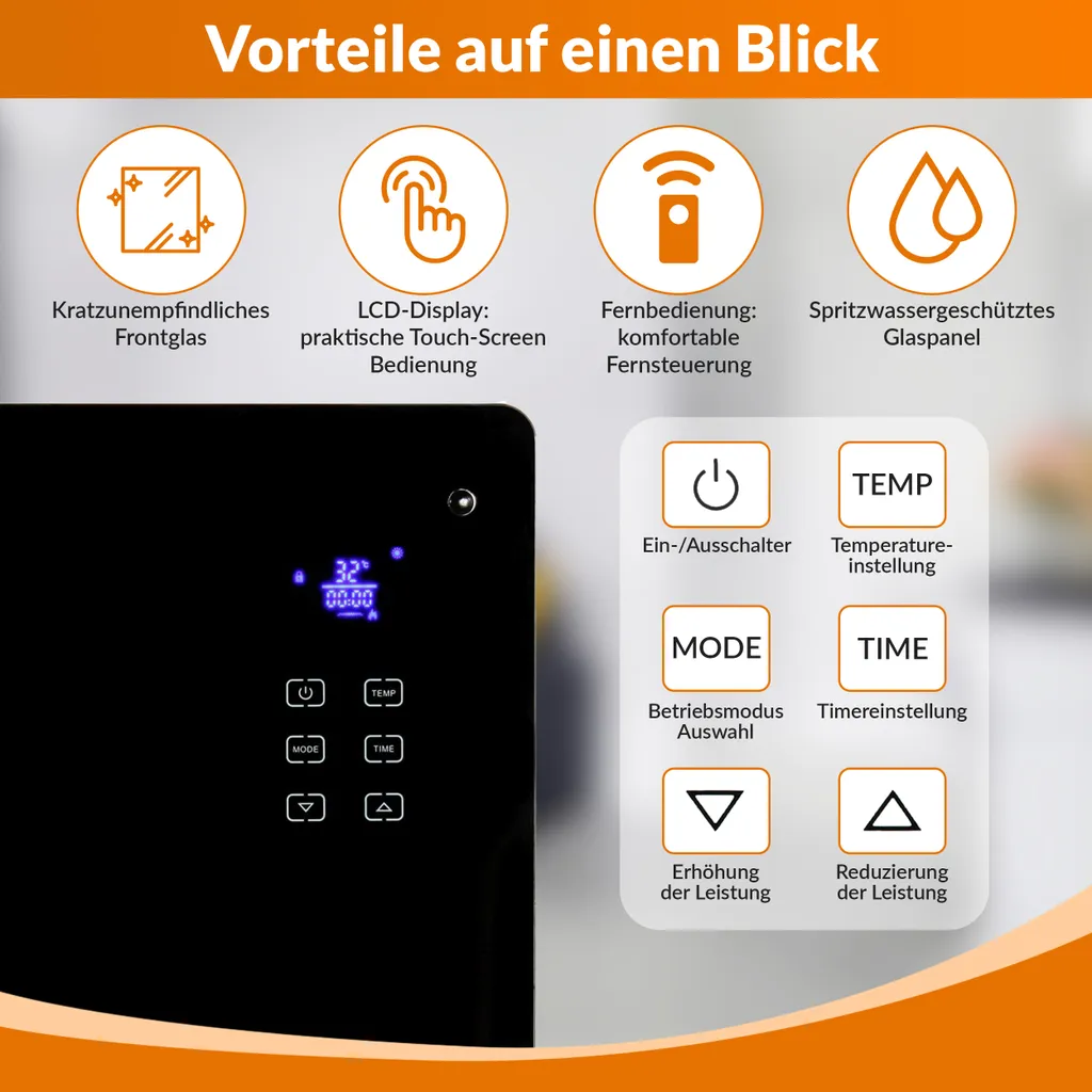 Glaskonvektor Elektroheizung Konvektor-Heizung 24h-Timer LCD-Display Touchscreen Fernbedienung - Mobile Energiesparende Leise Heizung Standgerät Heizkörper Thermostat (Schwarz 2000W) – Bild 3