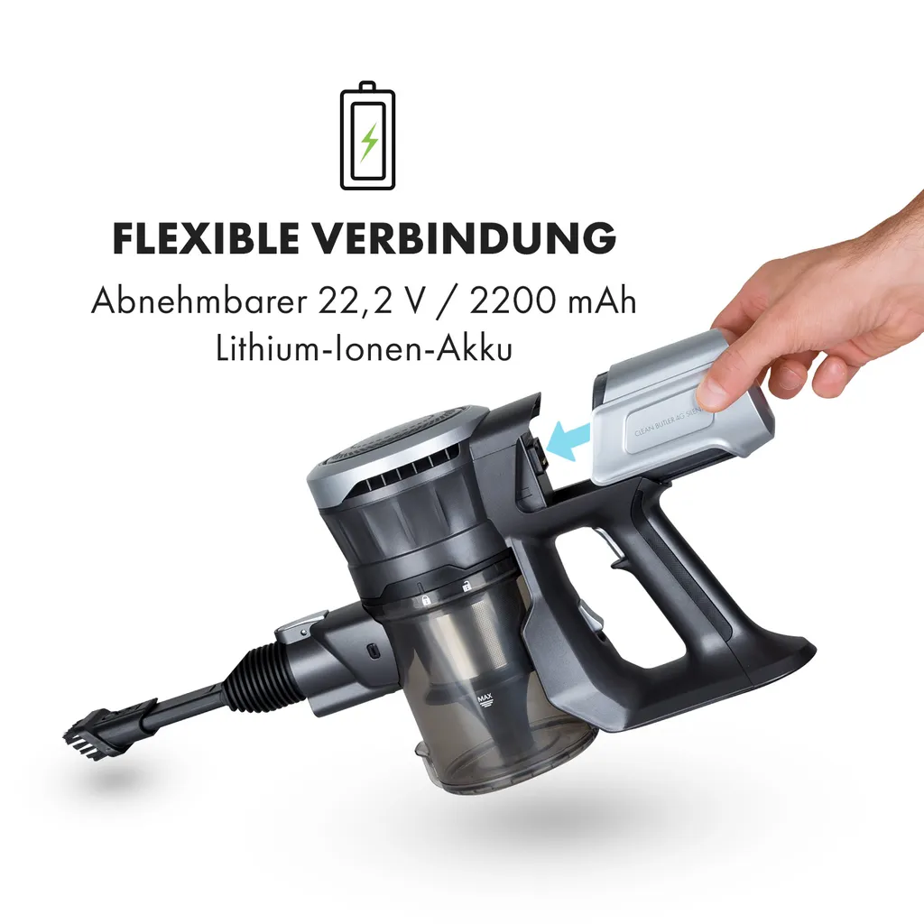 Klarstein Clean Butler 4G Silent Akku-Staubsauger Mit Silent Digital Motor: 160W Mit 80.000 U/min, 0,8 L Behälter, Motorisierte Teppich-Bodendüse, 2 Leistungsstufen, HEPA10-Filter, Anthrazit-silber – Bild 5