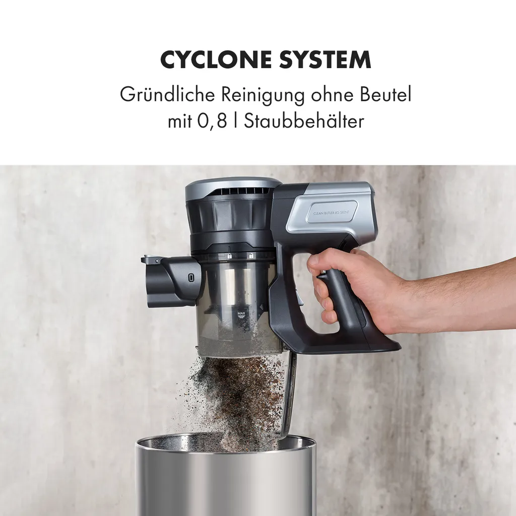 Klarstein Clean Butler 4G Silent Akku-Staubsauger Mit Silent Digital Motor: 160W Mit 80.000 U/min, 0,8 L Behälter, Motorisierte Teppich-Bodendüse, 2 Leistungsstufen, HEPA10-Filter, Anthrazit-silber – Bild 8