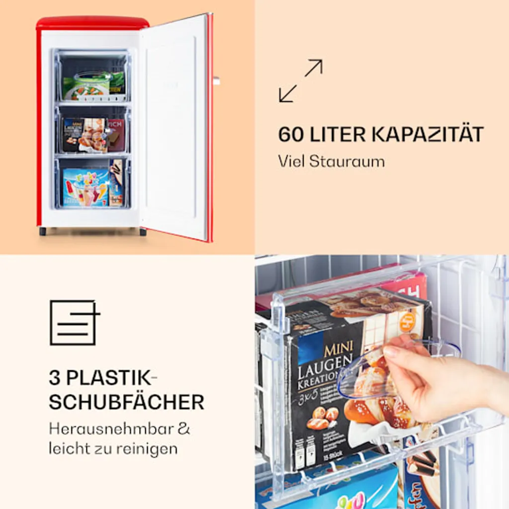 Klarstein Laika 60L Gefrierschrank , 60 Liter , 4-Sterne-Gefrierfach , 3 Schubladen , Temperatur: -18 Bis 0 °C , 5-stufiger Thermostat , 41 DB , Retro-Look – Bild 4
