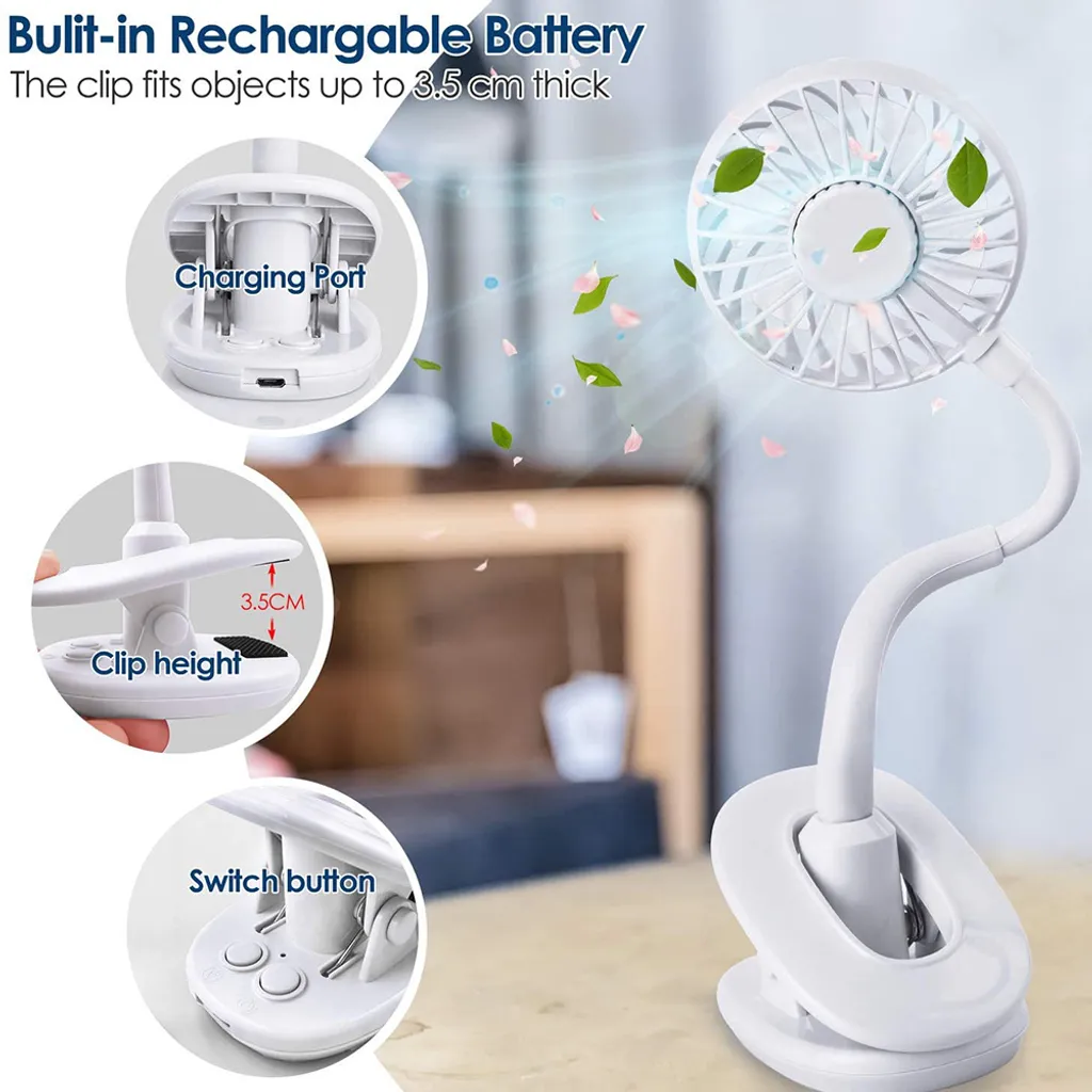 Klippbarer Ventilator Akku Leise USB Klemmbarer Tischventilator Schwenkbar 360° 3 Geschwindigkeiten Wiederaufladbar Schreibtisch Mini Auto Clip-Ventilator Fan – Bild 3