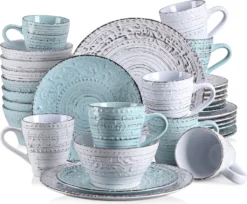 Tafelservice Steingut, Vancasso VINE Ess Geschirrset, 32-teiliges Kombiservice Mit Je 8 Speisetellern, Kuchentellern, Schalen Und Tassen Für 8 Personen, Geprägte Liane