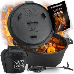 Dutch Oven 9L IRONO - Guseissen Topf - Dutch Oven Set - Feuertopf - 9 Liter - Mit Pfannendeckel, Transport- Und Schutztasche, Deckelheber Und Gebrauchsanweisung