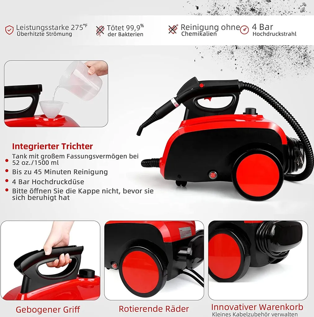 Dampfreiniger, Multifunktions-Dampfreiniger 1500W 1,5L Wassertank, 4,87m Netzkabel, Mit 18 Zubehörteilen, Geeignet Für Fußböden, Autositze, Matratzen, Küchen, Badezimmer, Fenster, Teppiche Usw – Bild 6