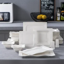 MALACASA, Serie Mario, 28-teilig Kombiservice Aus Porzellan Geschirrset Mit Je 6 Schalen, 6 Dessertteller, 6 Suppenteller, 6 Speiseteller, 2 Rechteckige Platten Und 2 Salz- Und Pfefferdosen