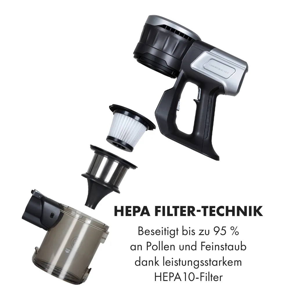 Klarstein Clean Butler 4G Silent Akku-Staubsauger Mit Silent Digital Motor: 160W Mit 80.000 U/min, 0,8 L Behälter, Motorisierte Teppich-Bodendüse, 2 Leistungsstufen, HEPA10-Filter, Anthrazit-silber – Bild 6