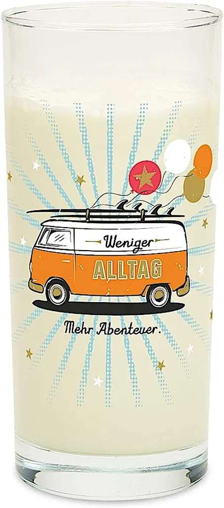 Trinkglas Motiv BUS "Weniger Alltag, Mehr Abenteuer" - 500ml