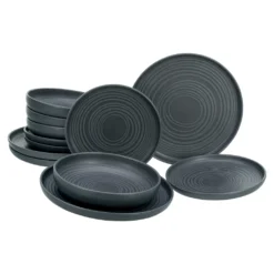 CreaTable 23861 Tafelservice Uno Für 4 Personen, Steinzeug, Schwarz (1 Set, 12-teilig)