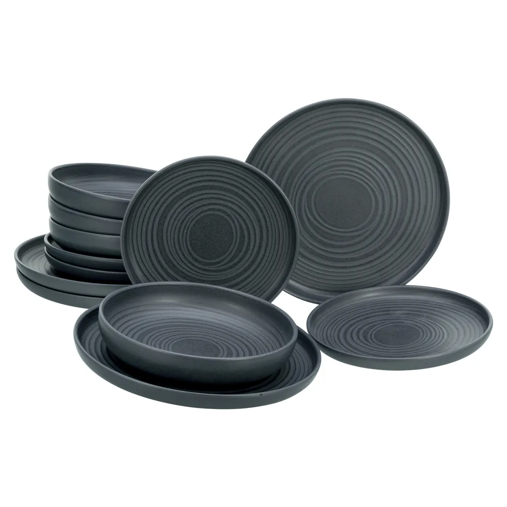 CreaTable 23861 Tafelservice Uno Für 4 Personen, Steinzeug, Schwarz (1 Set, 12-teilig)