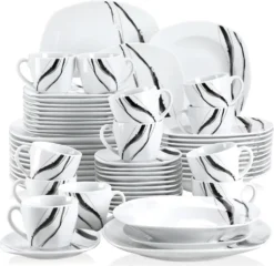 VEWEET Tafelservice 'Teresa' Aus Porzellan, 60-tlg Kombiservice Mit Kaffeetassen 175 Ml, Untertasse, Dessertteller, Speiseteller Und Suppenteller, Komplettservice Für 12 Personen