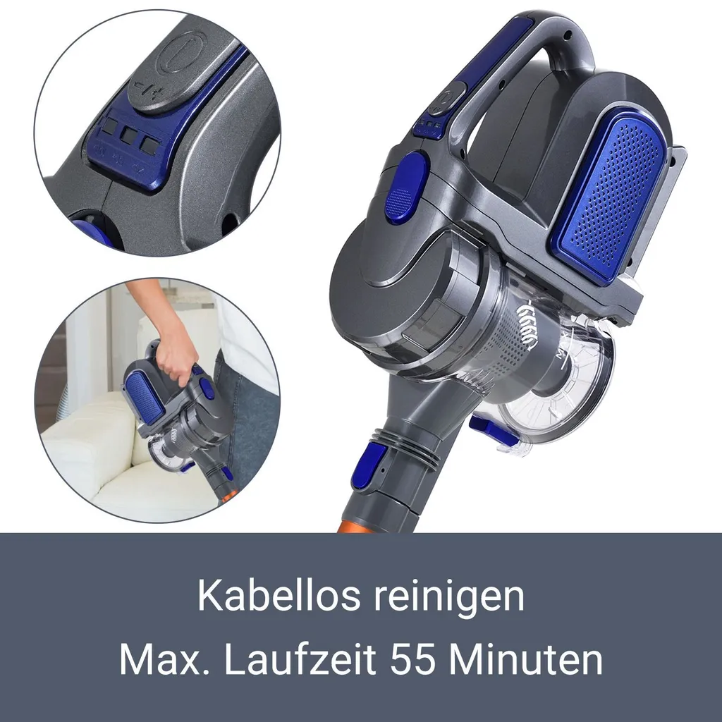 Juskys 2in1 Handstaubsauger & Akku Staubsauger - Beutellos & Kabellos – Bis 55 Min Laufzeit - Lithium-Ionen Akku, Wandhalterung & Ladestation – Blau – Bild 7