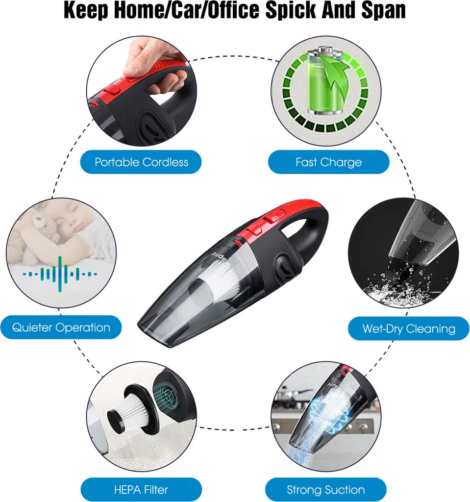 9000Pa Handstaubsauger Staubsauger Kabellos Akku Autosauger Nass/Trocken Funktion 120W Für Haus Und Auto - Rot – Bild 4